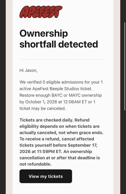 A mobile notification from ApeFest stating 'Ownership shortfall detected,' informing Jason that he verified 0 eligible admissions for his ApeFest Beeple Studios ticket and must restore BAYC or MAYC ownership by October 1, 2026.