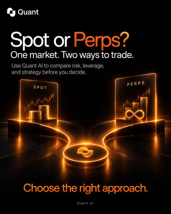 A promotional graphic for 'Quant AI' titled 'Spot or Perps?' comparing the two trading methods with gold-lit panels and the tagline 'Choose the right approach.'