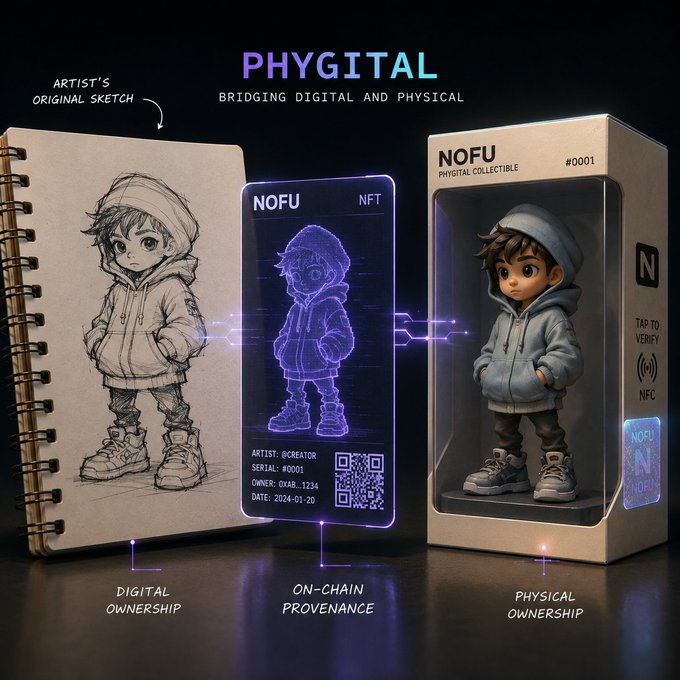 A promotional graphic titled "PHYGITAL - BRIDGING DIGITAL AND PHYSICAL" showing the evolution of an "Artist's Original Sketch" to a "Digital Ownership" holographic NFT, then to a "Physical Ownership" NOFU Phygital Collectible figurine in its packaging.