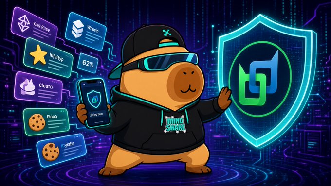 A digital illustration of a cap-wearing capybara mascot wearing a "Mindshare" hoodie and sunglasses, holding a smartphone and gesturing toward a glowing shield with the DT (Dream Time) logo, surrounded by floating app cards.