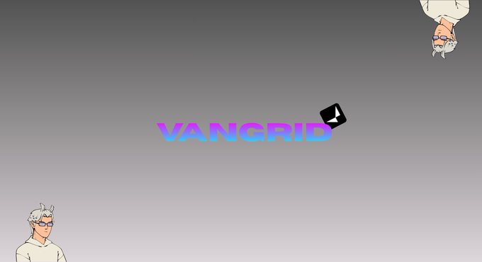 A simple gray background with two animated characters positioned at opposite corners and the word 'VANGRID' in stylized text in the center.