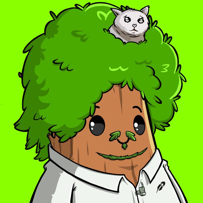 A cartoon illustration of a cheerful anthropomorphic tree character with green foliage hair, a small gray cat resting on its head, wearing a white collared shirt against a bright green background.