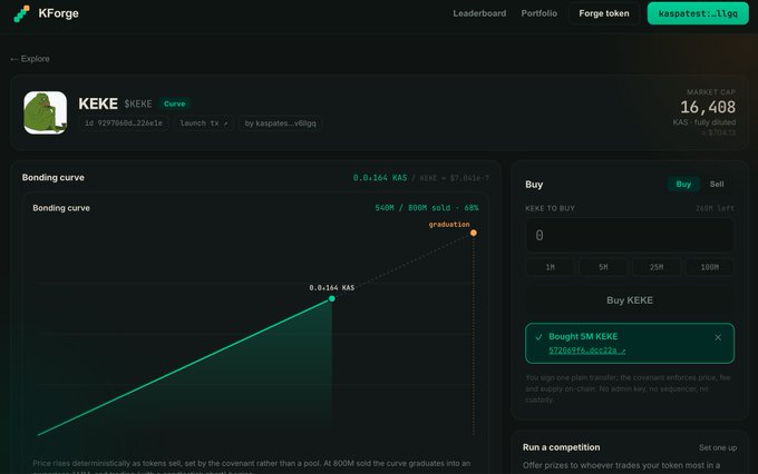 A screenshot of the KForge website displays the KEKE token launch, showing a bonding curve at 68% graduation with a market cap of 16,408 KAS and an option to 'Buy 5M KEKE' tokens.