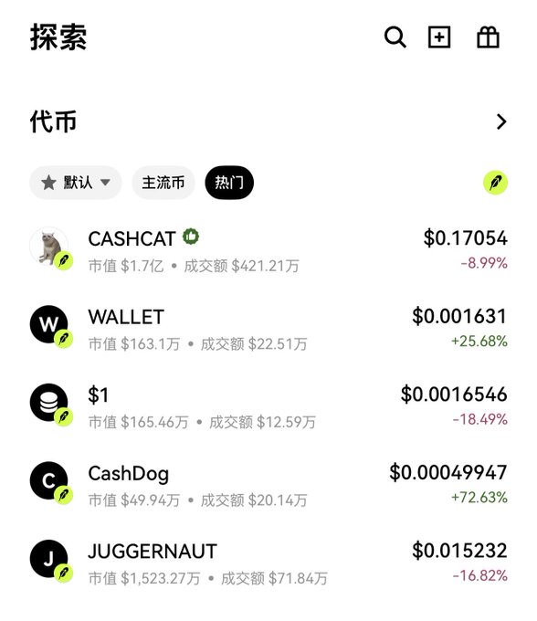 A cryptocurrency tracking app displays the "探索" (Explore) section showing trending tokens under the 热门 (Popular) tab, with CASHCAT leading at $0.17054 (market cap 1.7亿/$170M, -8.99%), followed by WALLET at $0.001631 (+25.68%), $1 at $0.0016546 (-18.49%), CashDog at $0.00049947 (+72.63%), and JUGGERNAUT at $0.015232 (-16.82%), visually supporting the post's claim that CASHCAT has surpassed the $170 million market cap milestone.
