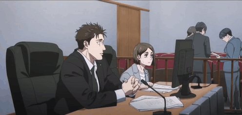 In a cartoon style, there are two main characters sitting at desks with microphones near each other, seemingly working or participating in an event. The background shows multiple people around them. One of these individuals appears to be a judge overseeing a court proceeding. In another scene, there is a person with headphones on their head and the word "weekend" written across it. Another person has a computer mouse next to them while sitting at a desk or table close to the judges' area.