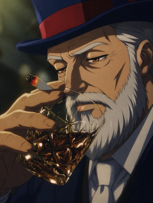 An anime-style illustration shows an older man with a white beard wearing a blue top hat and suit, smoking a cigarette while holding a glass of whiskey.