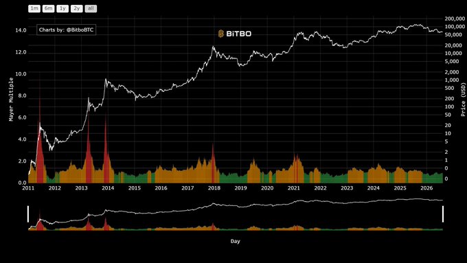 The image is a Bitbo chart displaying Bitcoin's price in USD (white line, reaching ~$100,000+ by 2026) overlaid with Mayer Multiple (left axis) and a colored histogram showing daily sentiment (green/orange/red bars) from 2011 to 2026, illustrating extended periods of green accumulation bars that align with the post's claim about steady large-player buying before a major upward move.