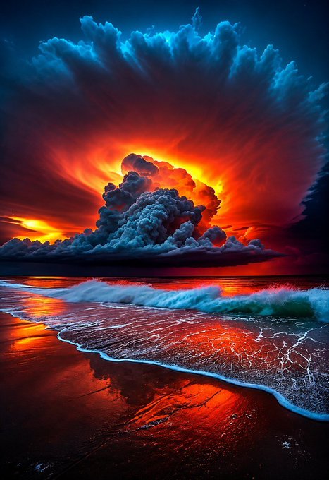 A dramatic sunset illuminates turbulent clouds over a fiery seascape, where crimson waves crash against a reflective shoreline. The image's intensity—combining elements of awe, power, and reflection—mirrors the post's call for deeper, more meaningful conversations about the systems shaping Web3's future, rather than surface-level metrics like token prices.