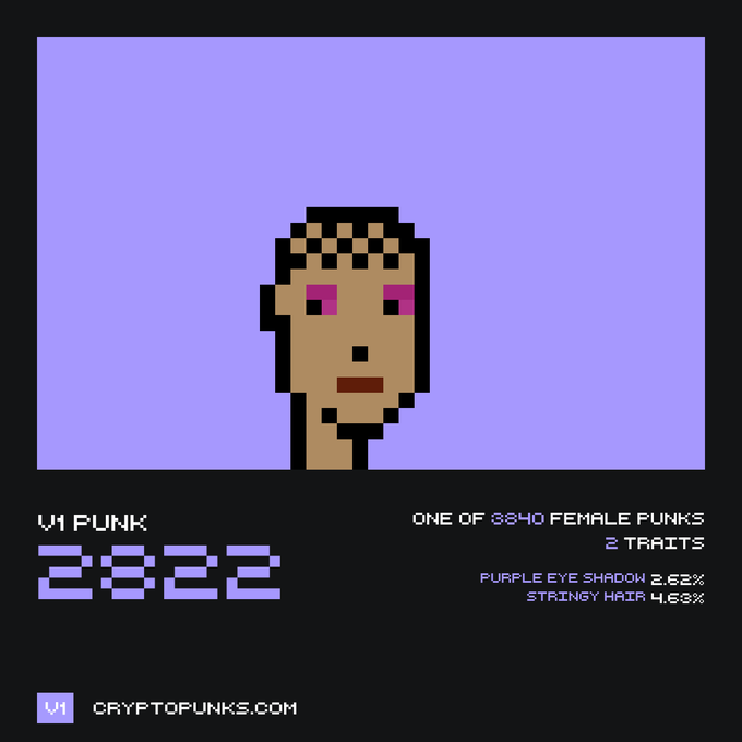 A CryptoPunks NFT profile labeled 'V1 PUNK 2822' showing a female character with 'PURPLE EYE SHADOW 2.62%' and 'STRINGY HAIR 4.63%' traits from CRYPTOPUNKS.COM.