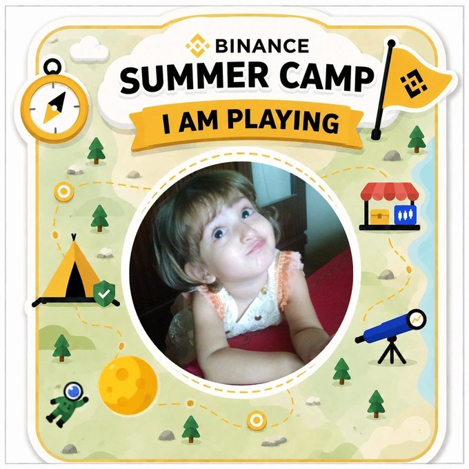 A Binance Summer Camp promotional graphic featuring a young child in the center circle, surrounded by camping-themed illustrations like tents, trees, and a compass.