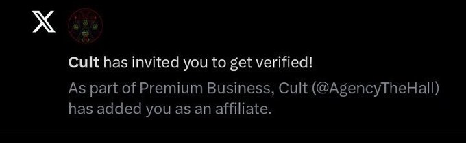 A notification from X shows that "Cult" (@AgencyTheHall) has invited the user to get verified under a Premium Business affiliate program, fitting the post's playful theme about being a "Cultist of web3" and inviting followers to identify themselves in the comments.