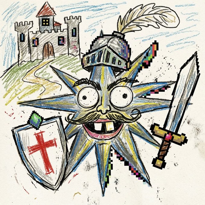 A child's crayon drawing features a Starburst candy character with a knight's helmet, mustache, and teeth, holding a shield with a red cross and a Minecraft-style sword, with a castle in the background.