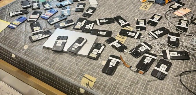 A photograph of numerous iPhones with security tags laid out on a patterned surface, likely evidence from a retail theft bust, with white charging cables tangled among the devices.
