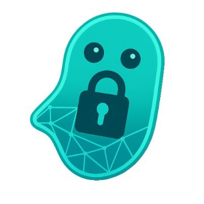 A teal-colored ghost icon featuring a padlock symbol on its body and a geometric network pattern at the bottom.