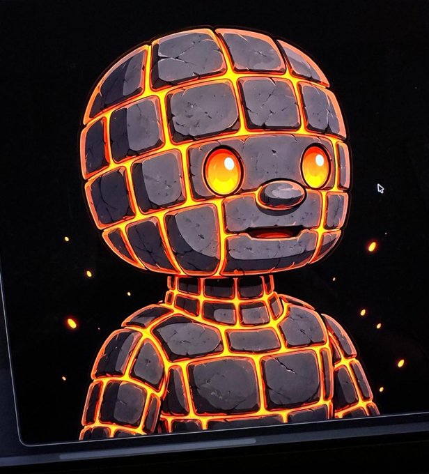 A cute stone golem character made of cracked grey bricks with glowing orange lava-like cracks running between them, featuring bright orange glowing eyes and a friendly smile, displayed on a screen against a dark background with floating ember particles—visually representing the "GolemiAns" NFT project being promoted in the giveaway post.