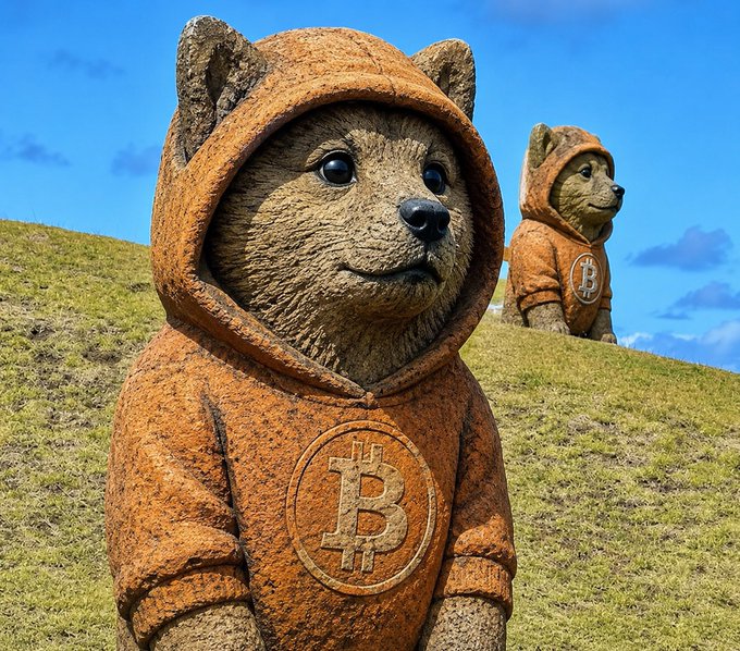 An AI-generated image of two stone bear statues wearing orange Bitcoin hoodies, set on a grassy hill against a blue sky.