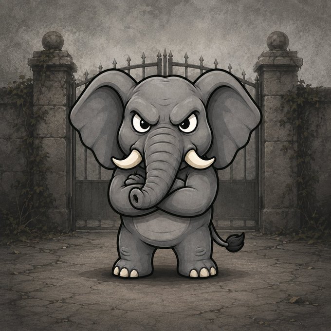 Digital artwork of a cartoon gray elephant with tusks, standing with an angry expression in front of an iron gate and stone wall.