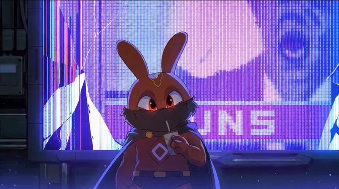 An animated rabbit character with red eyes, wearing a mask and cape, drinking from a teacup in front of a purple digital screen.