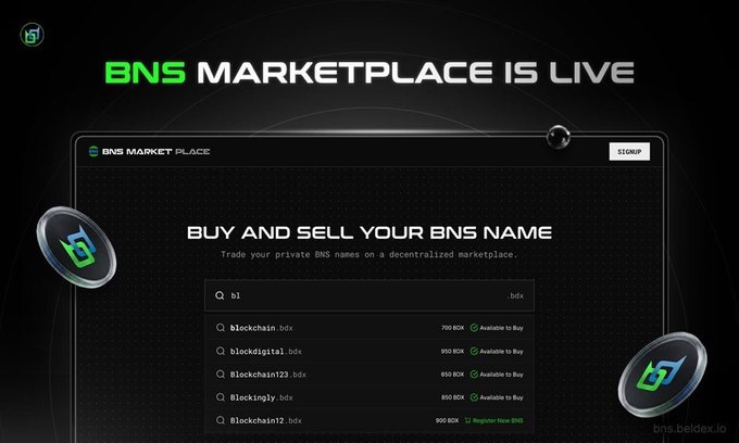 A promotional graphic announces 'BNS MARKETPLACE IS LIVE' at bns.beidex.io, showing a search interface for buying and selling BNS names like 'blockchain.bdx'.