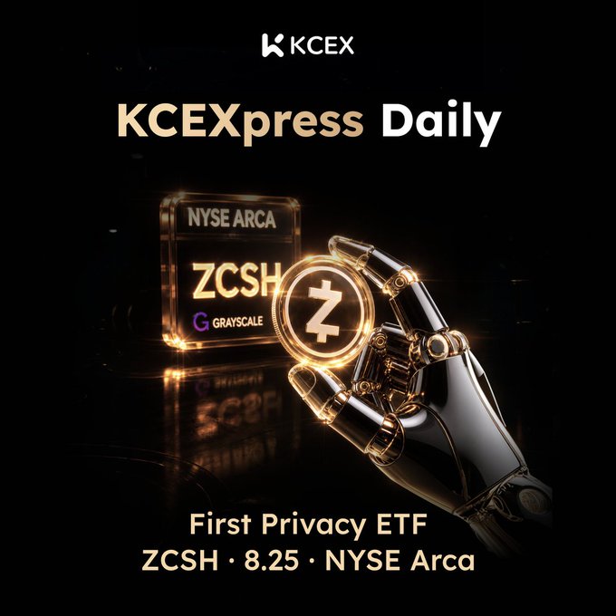 A promotional graphic for 'KCEXpress Daily' featuring a robotic hand holding a Zcash (Z) coin, advertising the 'First Privacy ETF ZCSH • 8.25 • NYSE Arca' from Grayscale.