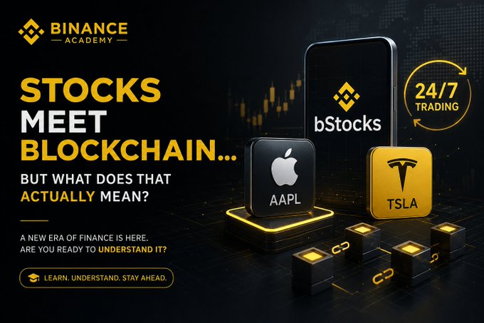 A Binance Academy promotional graphic titled "Stocks Meet Blockchain... But What Does That Actually Mean?" featuring the "bStocks" logo on a smartphone alongside AAPL (Apple) and TSLA (Tesla) icons, highlighting 24/7 trading and the tagline "A new era of finance is here. Are you ready to understand it?"

The image visually supports the caption by illustrating how Binance bStocks bring traditional U.S. equities like Apple and Tesla onto the blockchain as tokenized assets, enabling round-the-clock digital exposure to publicly listed companies.