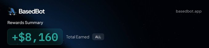 A dark-themed screenshot from BasedBot (basedbot.app) showing a Rewards Summary with "+$8,160" earned.