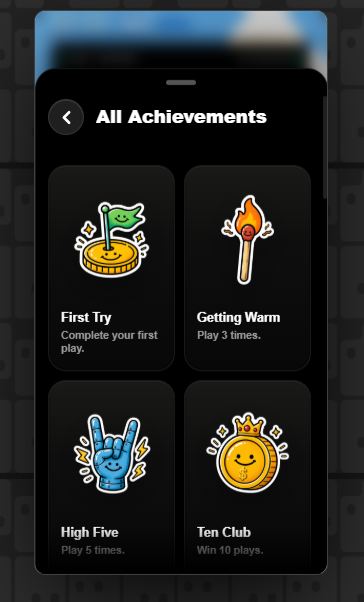 The image shows a mobile app interface displaying "All Achievements" for PlayPips, featuring four colorful badge-style achievements: "First Try" (Complete your first play), "Getting Warm" (Play 3 times), "High Five" (Play 5 times), and "Ten Club" (Win 10 plays). This relates to the post about PlayPips Testnet, which is a gamified trading platform and wallet currently in testnet phase before mainnet launch, highlighting the achievement system that encourages user engagement with trading activities.