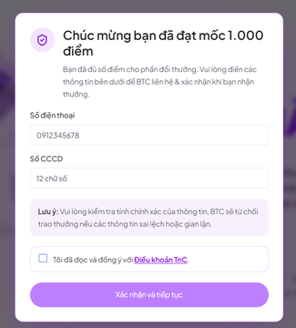 A Vietnamese-language screen reads 'Chúc mừng bạn đã đạt mốc 1.000 điểm' (Congratulations on reaching 1,000 points), prompting for a phone number and national ID to claim a BTC reward.