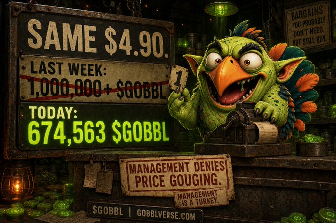 A humorous fantasy-themed promotional graphic featuring a goblin at a cash register, with signs reading "SAME $4.90," "LAST WEEK: 1,000,000+ $GOBBL," "TODAY: 674,563 $GOBBL," and "MANAGEMENT DENIES PRICE GOUGING - MANAGEMENT IS A TURKEY," branded with @gobblverse.com.