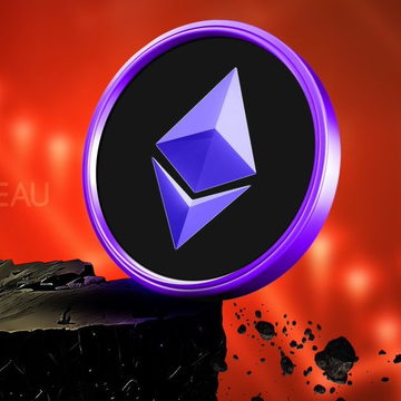 The image features a purple, blue, and black crypto coin called the Eth token, which is facing downwards near an edge or cliff. The coin is placed on a red surface that appears to be unstable. Below this scene of virtual currency instability, there are details related to the over 432,000ETH worth in Bitcoin's worth per lookonchain. This information emphasizes the current state of Ethereum and its potential future value due to market fluctuations and various Ethereum projects reaching liquidation status with limited token supply available for new tokens.