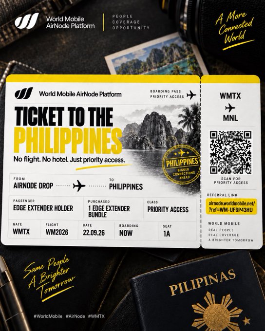 A World Mobile AirNode Platform promotional boarding pass graphic advertises a 'Ticket to the Philippines' featuring QR code, referral link 'airnode.worldmobile.net/?ref=WM-UFGP43HU', and AirNode Drop details.