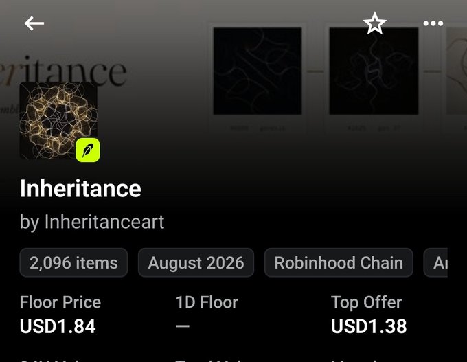 A screenshot of an NFT marketplace listing for 'Inheritance' by Inheritanceart on Robinhood Chain, August 2026, showing 2,096 items with a Floor Price of USD 1.84.