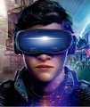A close-up of a man wearing glowing blue VR/AR headset against a futuristic neon city background.