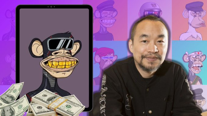 A smiling Asian man with a goatee sits in front of a purple backdrop featuring Bored Ape NFT characters, alongside an image of a digital monkey wearing sunglasses with gold teeth and stacks of $100 bills, visually representing the post's story of crypto trader "Big Brother Maji" (@machibigbrother) who allegedly turned $152K into $12.72M in just 3 days despite nearly 500 liquidations.