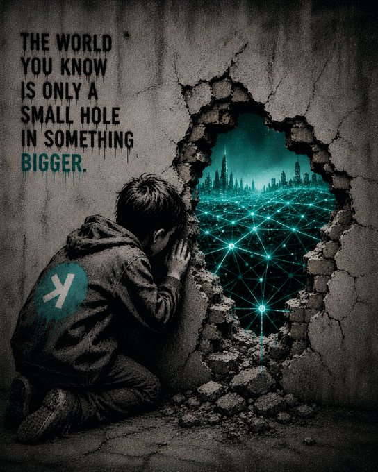 The image features a young boy kneeling down, looking through an opening or hole in a wall with his hands up to his face. There are no texts present in the image itself. The caption " Abyss #kaspa $KAS" is written above the boy's head and below him, which seems to be related to the post he is viewing.