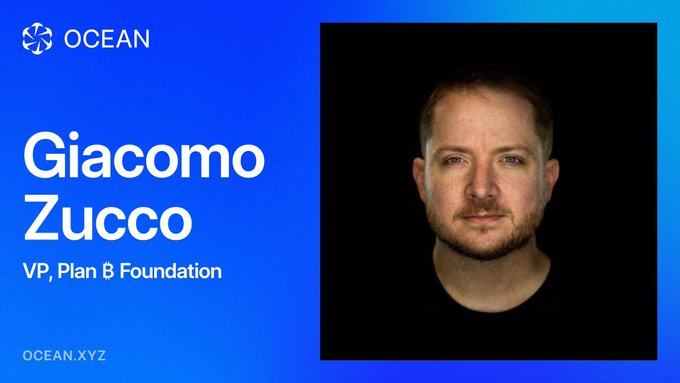 A presentation slide features a blue gradient background with the 'OCEAN' logo, displaying the text 'Giacomo Zucco, VP, Plan B Foundation' next to a portrait photograph of a man against a black background.