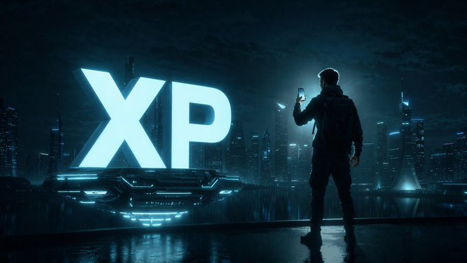 A futuristic, dark sci-fi scene showing a silhouetted person looking at their phone in front of a large glowing 'XP' sign and a cityscape skyline at night.