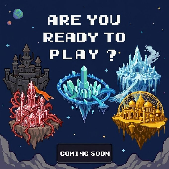 Pixel art promotional graphic reading 'ARE YOU READY TO PLAY?' with four floating fantasy kingdoms and a 'COMING SOON' button.