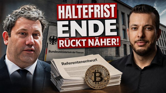 A German-language thumbnail featuring two men flanking central text "HALTEFRIST ENDE RÜCKT NÄHER!" with a stack of documents labeled "Referentenentwurf," a Bitcoin coin, and the Bundesministerium der Finanzen eagle logo in the background.