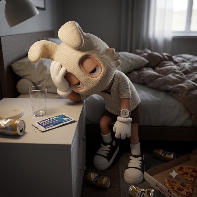 A 3D-rendered cartoon character wearing a white animal-eared hood, looking dejected while sitting on a bed, with an empty glass, an 'ibuprofen' packet, crushed beer cans, and a pizza box ('PIZZA 4UZZI') scattered around.