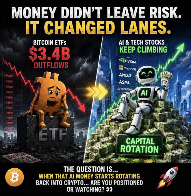 The image shows two cartoon robots sitting atop stacks of money, with one robot holding a Bitcoin and the other holding an AI stock. The text above the image reads "Money didn't leave risk. It changed lanes." This suggests that despite the risks associated with investing in Bitcoin or AI stocks, people continue to invest in these assets due to their potential for high returns.