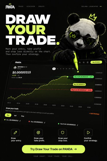 An advertisement for the "PANDA" Solana Launchpad featuring a panda mascot in sunglasses and a hoodie, promoting a "Draw Your Trade" feature on a trading chart.