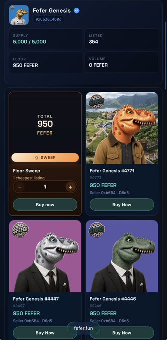 The image displays the Fefer Genesis NFT collection page with stats showing 5,000/5,000 supply and 354 listed items, featuring a current floor price of 950 FEFER alongside listings for Fefer Genesis #4771, #4447, and #4446 each priced at 950 FEFER. The interface confirms the post's claim about FEFER's mint price of 200 FEFER versus the current floor price of 950 FEFER, highlighting the potential upside mentioned in the alpha.