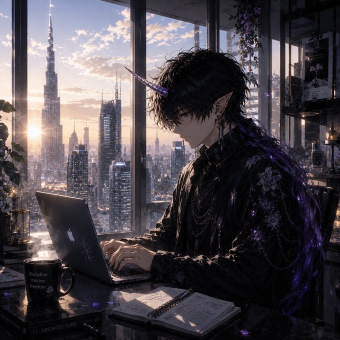 The image features an elf sitting at a desk with a laptop computer open in front of him. The elf appears to be working or studying, as there's also a notebook and a cup nearby. In the background, there are several skyscrapers visible through a window, suggesting that they might be located in a city setting. The image is related to a post on social media where a group of people has created an ecosystem based on their beliefs using prediction markets, DeFi, and meme culture. This unique platform allows users to express their ideas and opinions by exchanging virtual currency or tokens for predictions about the future.