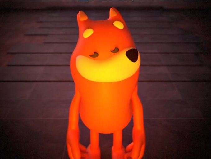3D render of an orange, dog-like creature with glowing yellow eyes and a wide smile sitting on a dark wooden surface.