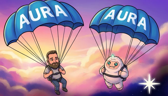 A cartoon illustration showing a bearded man and a small yeti-like creature parachuting with blue parachutes labeled "AURA" against a pink and purple cloudy sky.