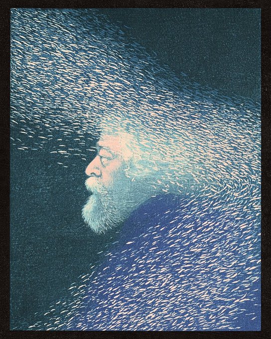 An artistic illustration of a bearded man's profile in shades of blue, with his hair and beard appearing to dissolve into a school of small fish swimming away.