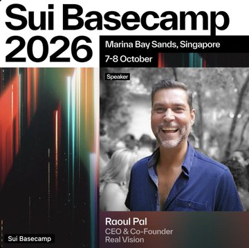 A promotional graphic for the 'Sui Basecamp 2026' event in Singapore (7-8 October), featuring a speaker photo of Raoul Pal, CEO & Co-Founder of Real Vision.