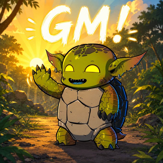 A digital illustration of a cute cartoon turtle-like creature with green skin, large ears, and a turtle shell waving its hand against a sunset forest backdrop, with 'GM!' written above it.
