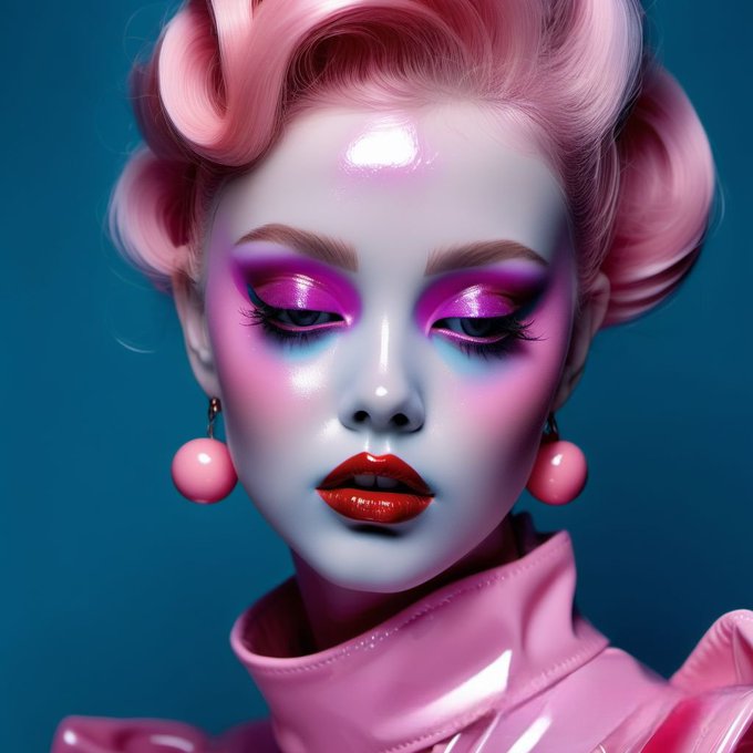 A stylized 3D digital art portrait of a figure with pink hair, dramatic purple eyeshadow, glossy red lips, and pink spherical earrings against a blue background.